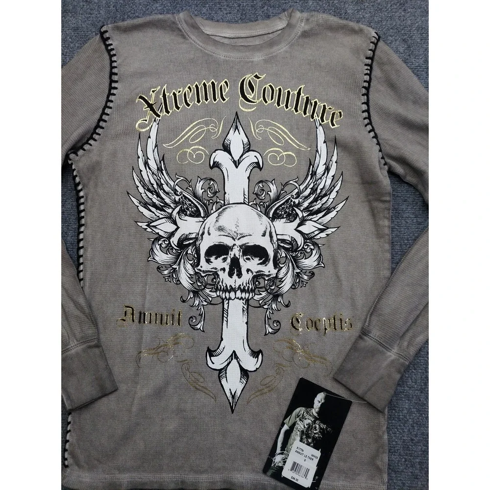 Affliction Xtreme Couture Shirt Men Small‎ Brown Thermal Long Sleeve Skull Cross